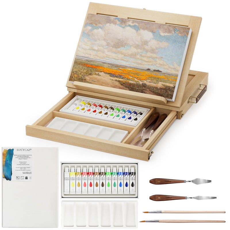 LUCYCAZ Art Easel for Painting, Tabletop Painting Easel Set for Kids, Pine-Wood Portable Easel Stand for Artists with Canvas, Acrylic Paints, Brushes, Palette and Palette Knives for Adults Beginners - Image 1